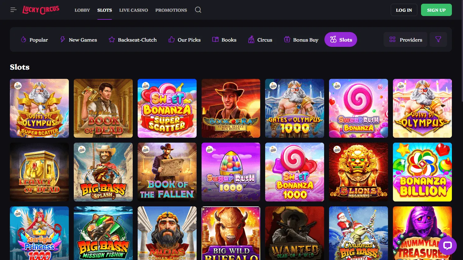 Lucky Circus Casino games area on desktop