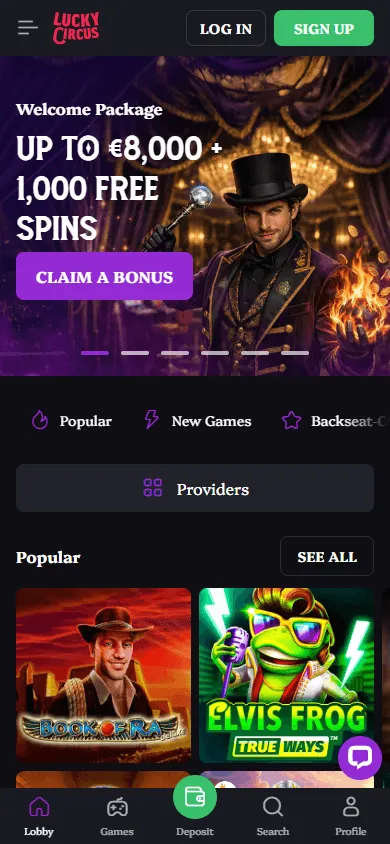 Lucky Circus Casino home experience on mobile