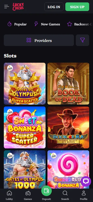 Lucky Circus Casino games area on mobile
