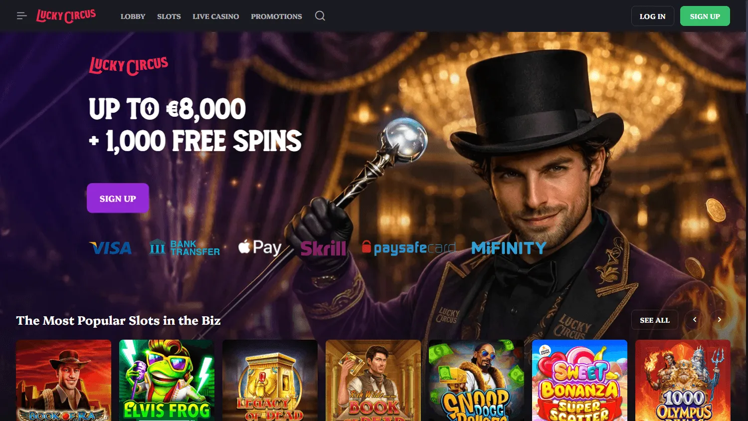 Lucky Circus Casino home experience on desktop