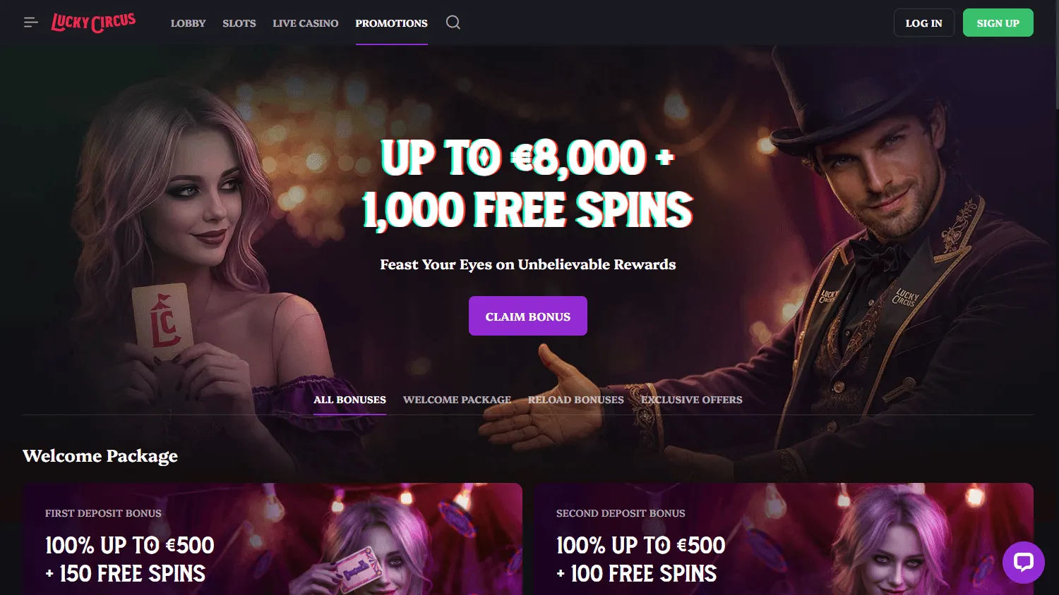 Lucky Circus Casino promotions area on desktop