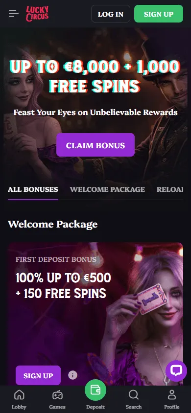 Lucky Circus Casino promotions area on mobile
